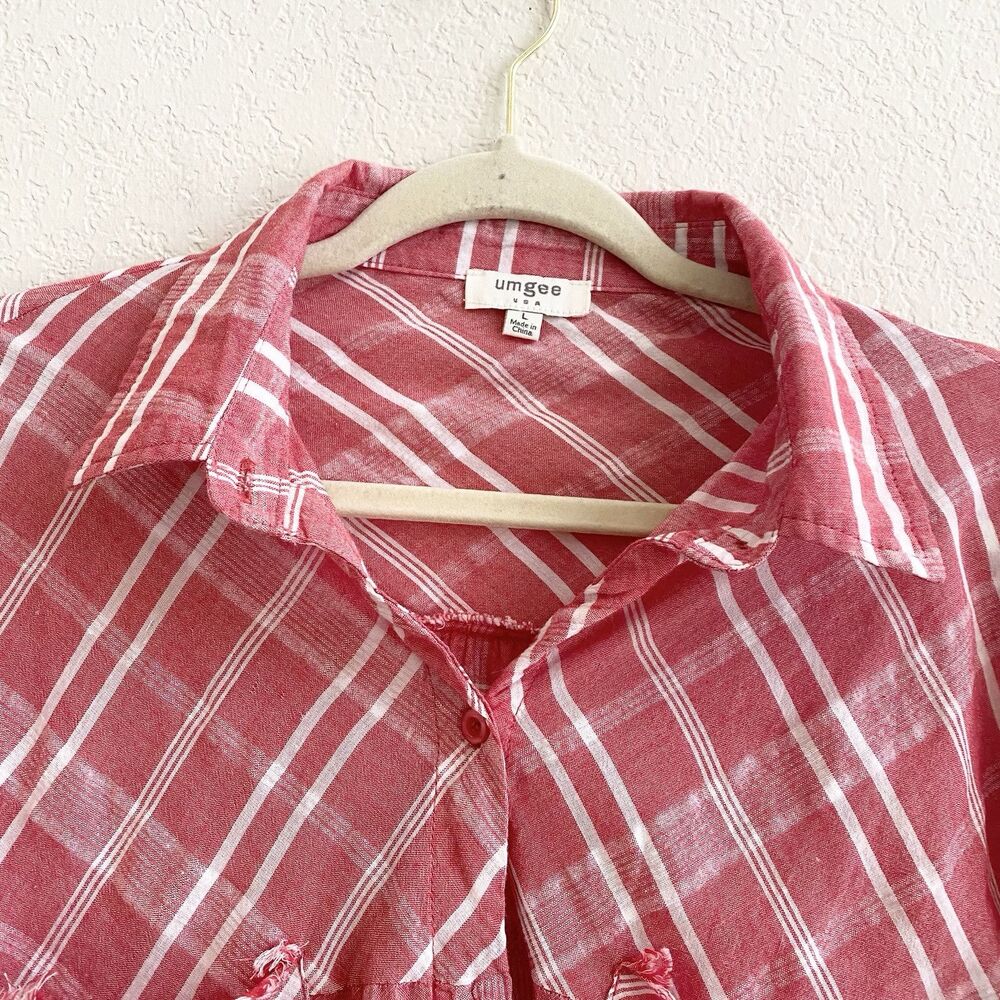 UMGEE Southern‎ Bohemian Gingham Oversized Shirt Fringed Red White Women's L - Picture 4 of 10